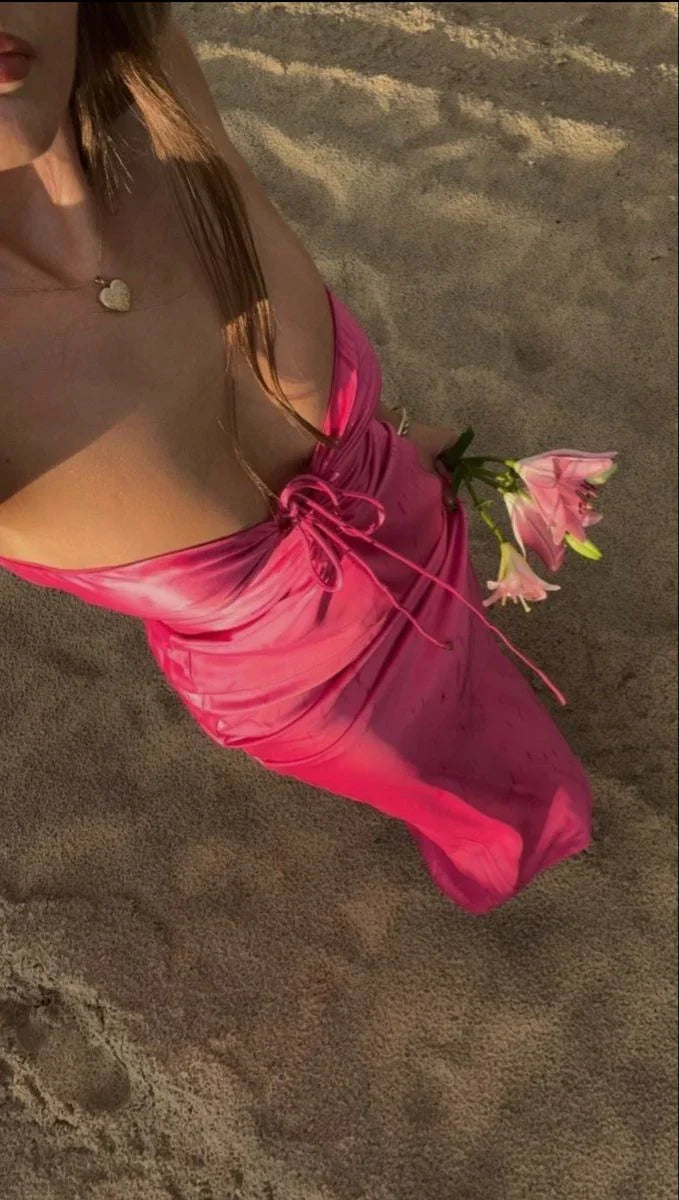 Abito lungo da sera rosa senza spalline a tubino Y7803