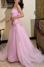 Vestido largo de fiesta rosa dulce sin tirantes con lazo anudado, vestido de noche de tul y satén Y8053