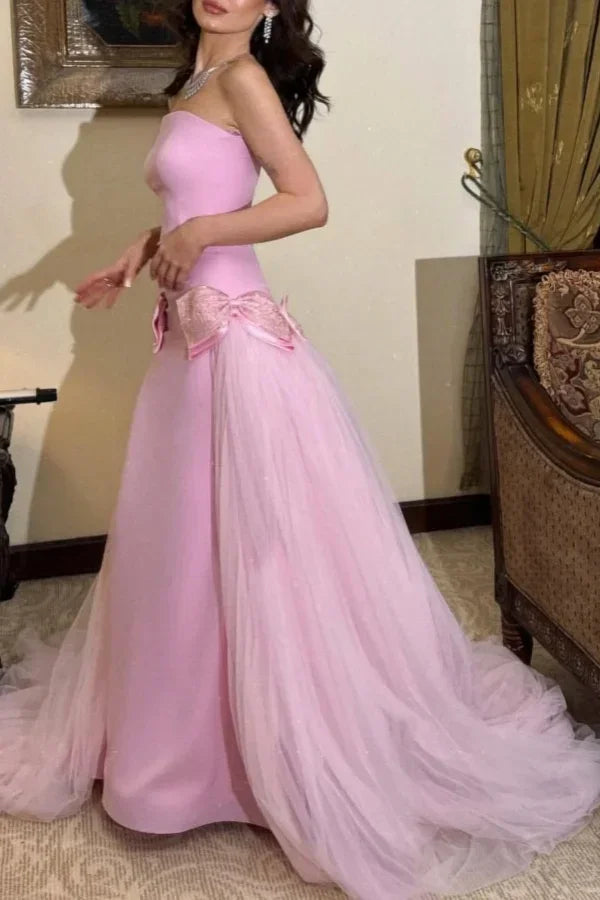 Vestido largo de fiesta rosa dulce sin tirantes con lazo anudado, vestido de noche de tul y satén Y8053