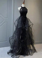 Vestido de noite preto com gola alta, alças ao pescoço, tule brilhante e lantejoulas, vestido de baile preto em tule Y1864