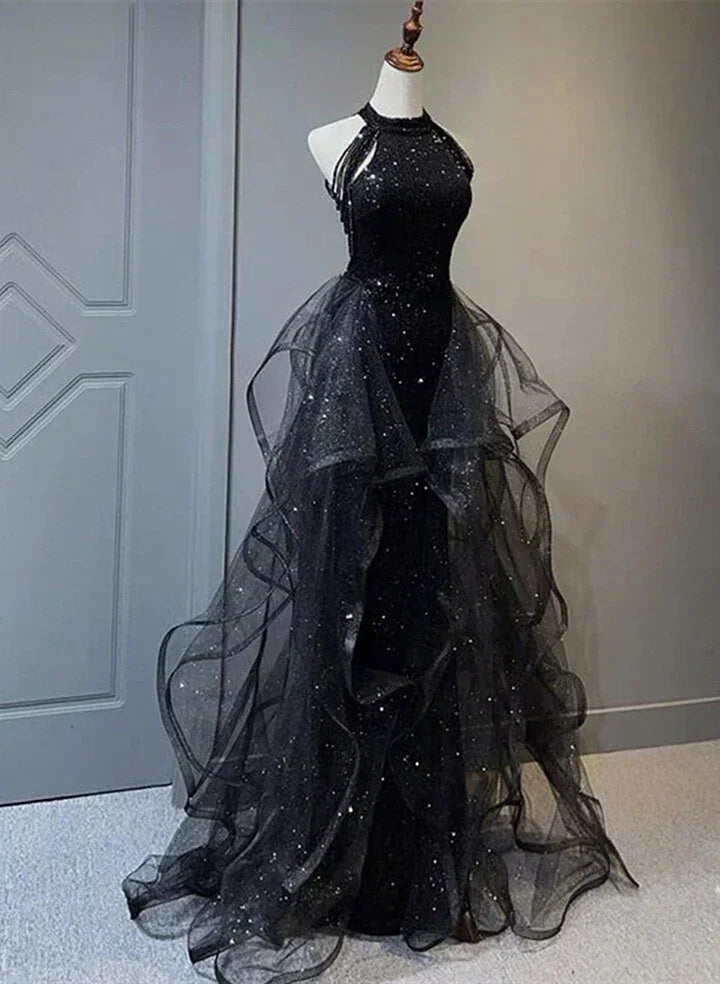 Vestido de noite preto com gola alta, alças ao pescoço, tule brilhante e lantejoulas, vestido de baile preto em tule Y1864
