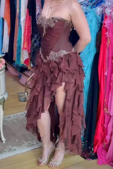 Abito da sera vintage rosa acceso in pizzo e chiffon con balze, senza spalline, abito da ballo Y8252
