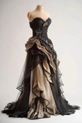 Vestido de noite vintage preto com aplicações de renda em tule pregueado Vestido de baile Y8354