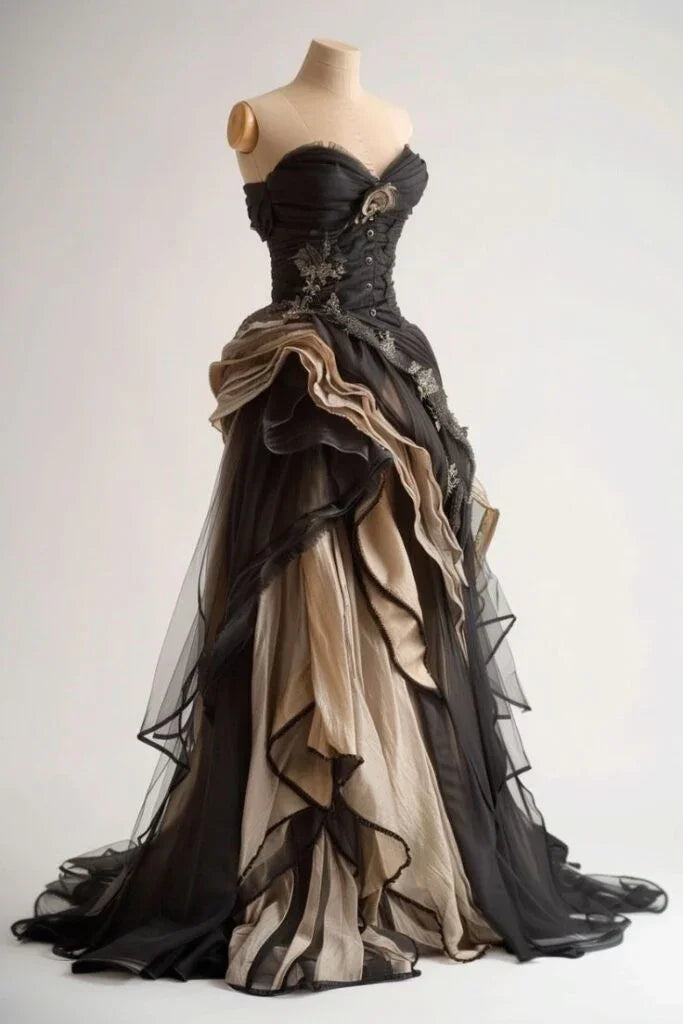 Vestido de noite vintage preto com aplicações de renda em tule pregueado Vestido de baile Y8354