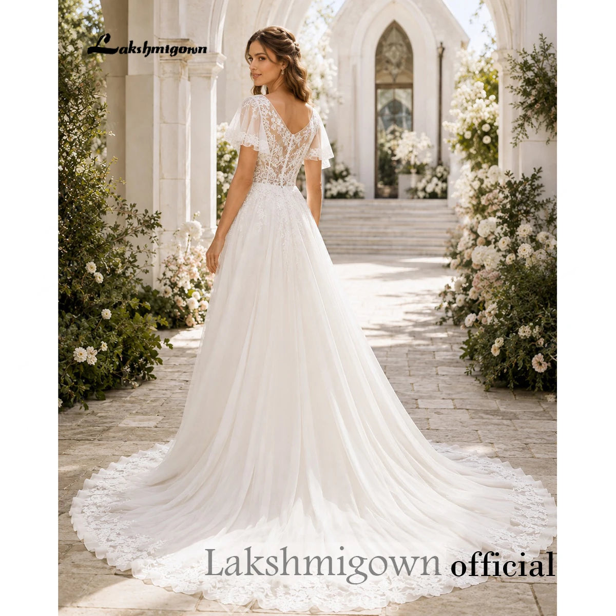 Custom Fit Deep V Neck Chiffon Wedding Dress With Lace Applique A Line Gown