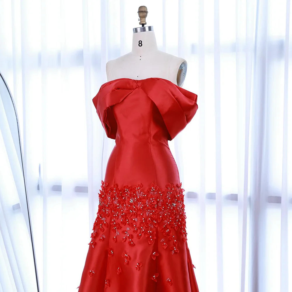 Serene Hill Elegant Red Floral Satin Off Shoulder Evening Gown