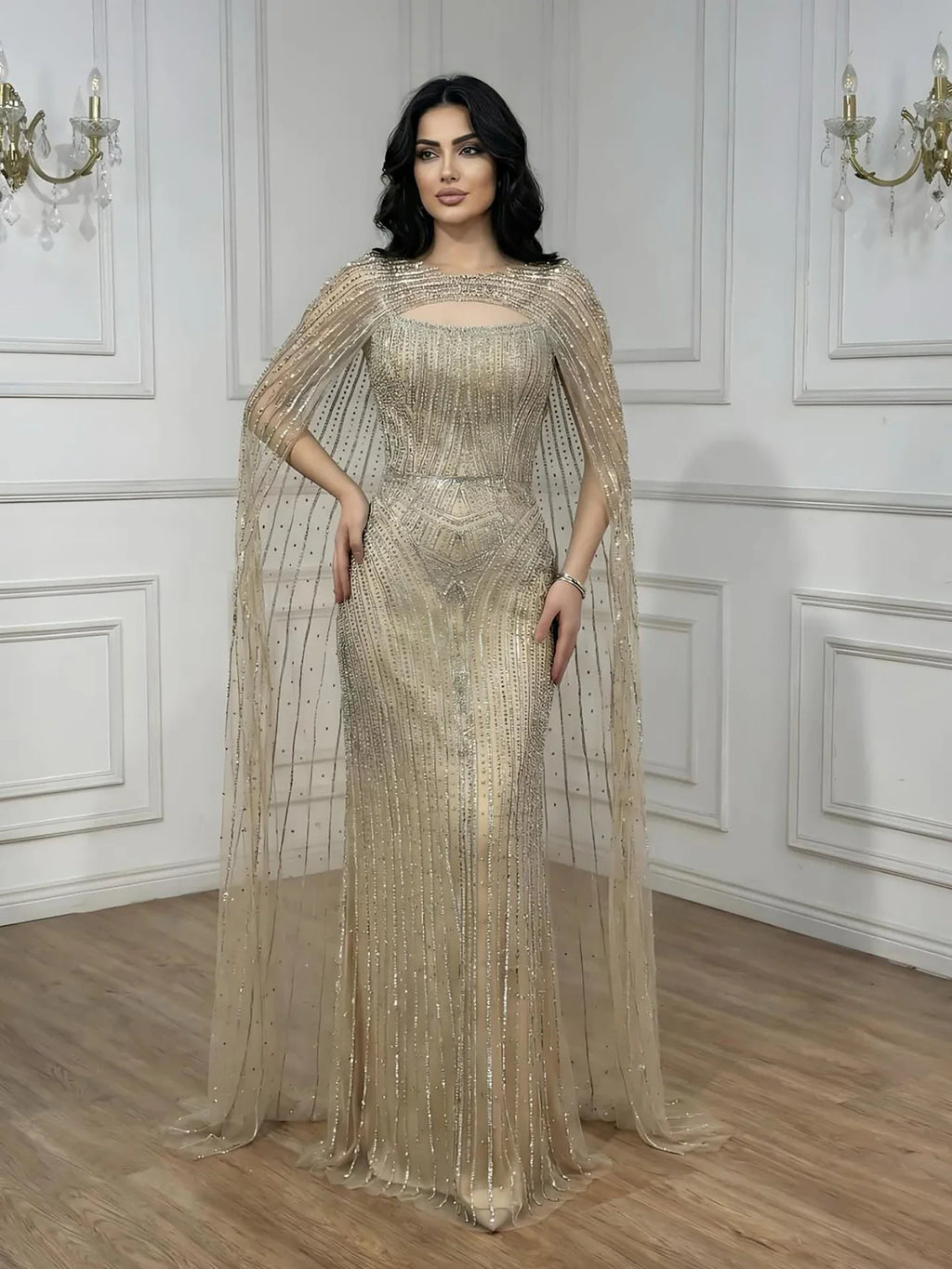 Luxury Blue Diamond Evening Dress With Cape LA73426