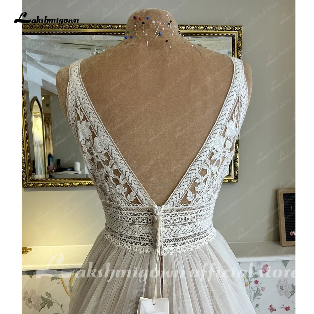 Boho V Neck Lace Appliques Wedding Dress For Women Custom Bridal Gown