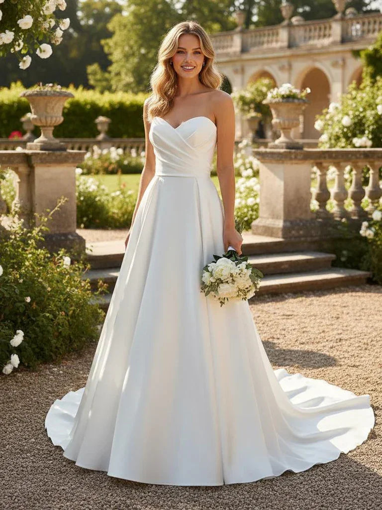 Strapless Satin Wedding Dress Corset Waist Sweep Train Custom Bridal Gown