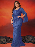 BLUEPLUM Plus Size Luxury Blue Evening Dresses Women 2025 Long Sleeve Mermaid Formal Sequins Prom Wedding Party Cocktail Gowns