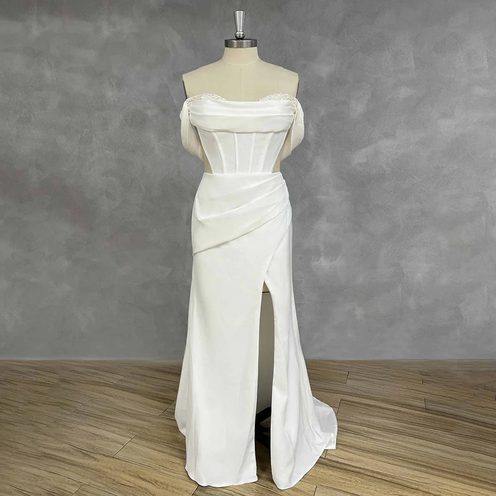 Custom Off Shoulder Satin Mermaid Wedding Dress With Corset And High Slit