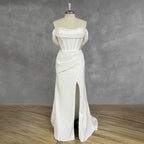 Custom Off Shoulder Satin Mermaid Wedding Dress With Corset And High Slit