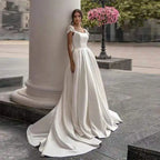 Custom Satin A Line Trailing Wedding Dress With Short Sleeves And Appliques