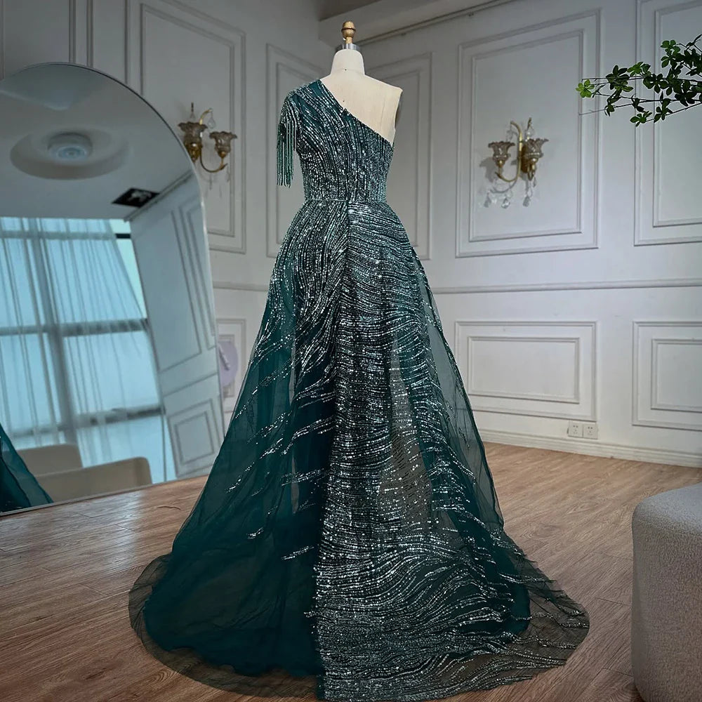 Vestido de noche verde lujoso con sobrefalda LA72979