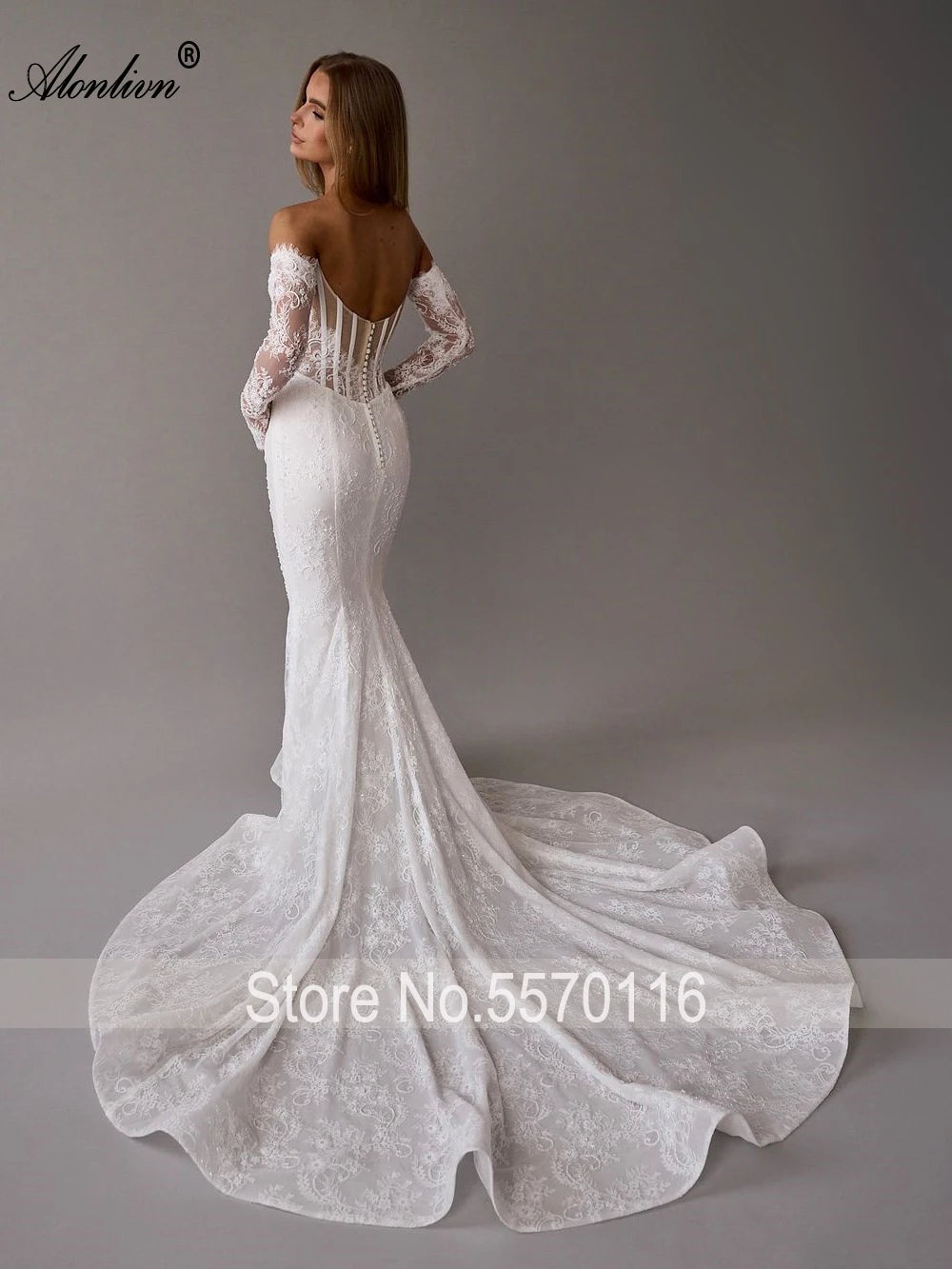 Alonlivn Custom Beaded Lace Mermaid Wedding Gown With Removable Train