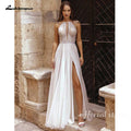 Halter Neck Lace Chiffon Boho Split Side Backless Wedding Dress