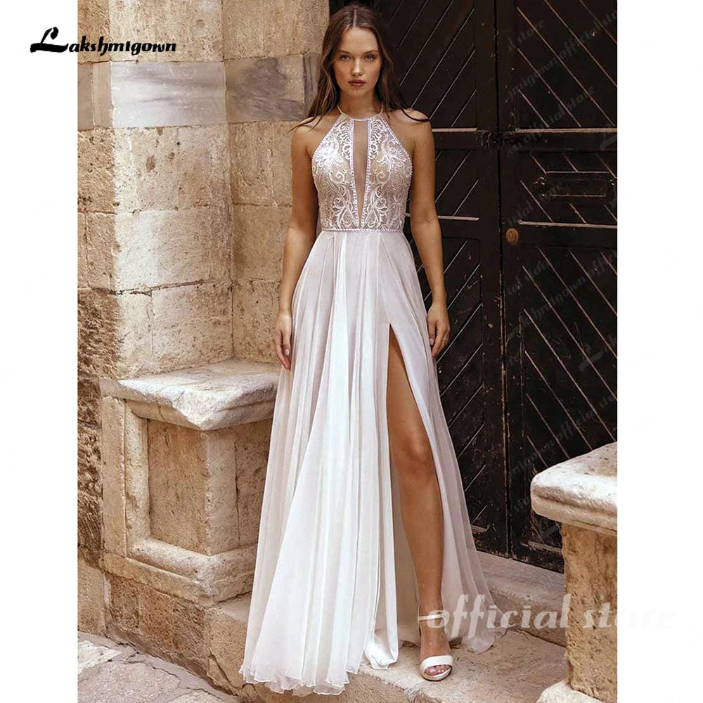 Halter Neck Lace Chiffon Boho Split Side Backless Wedding Dress