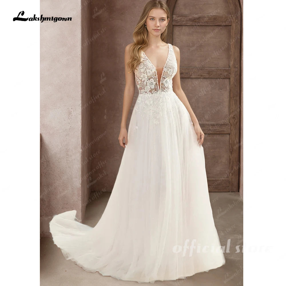 Lakshmigown Deep V-Neck Boho Wedding Dress Custom A-line Open Back Sweep Train