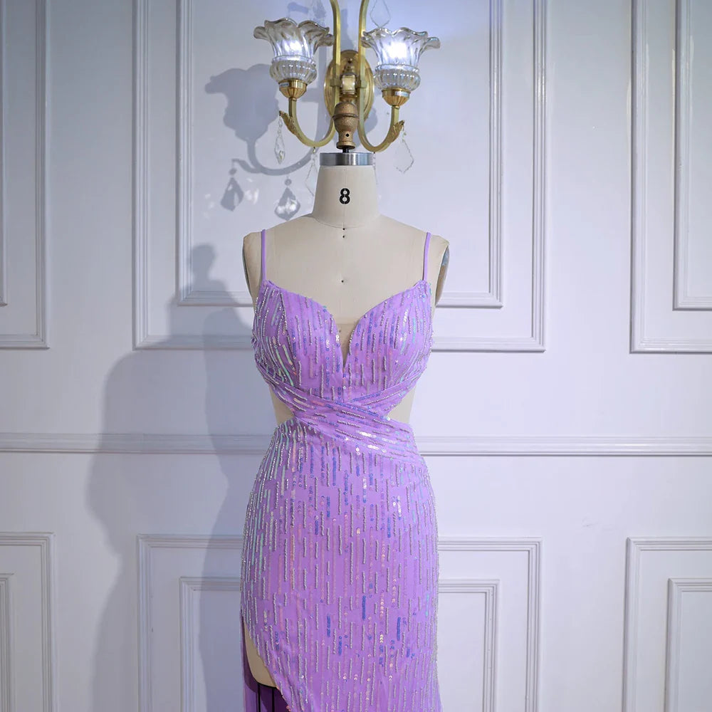 Vestido de gala lujoso morado con lentejuelas, abertura y cintura recortada LA73000