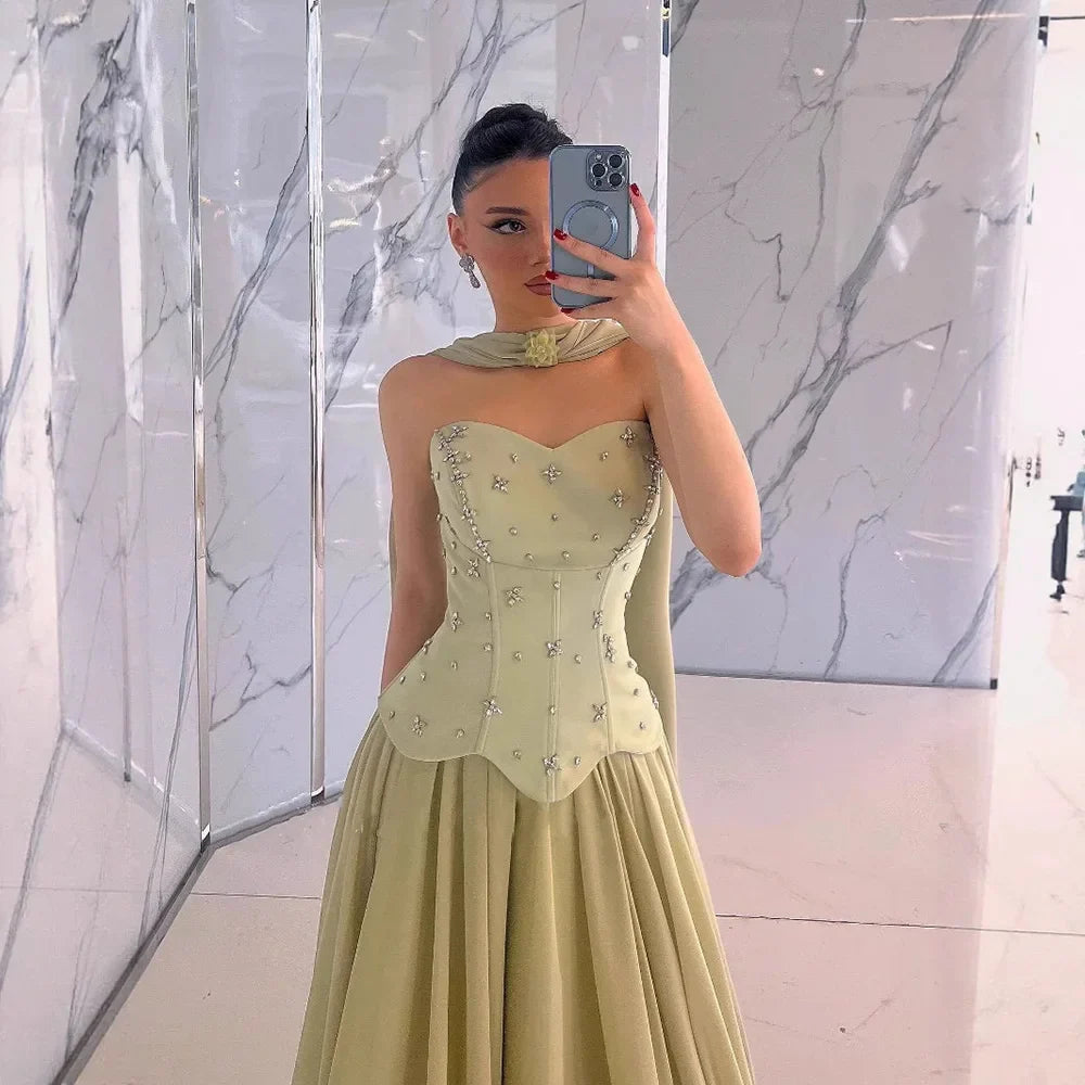 Vestido de noche elegante de gasa verde salvia en línea A LA73073