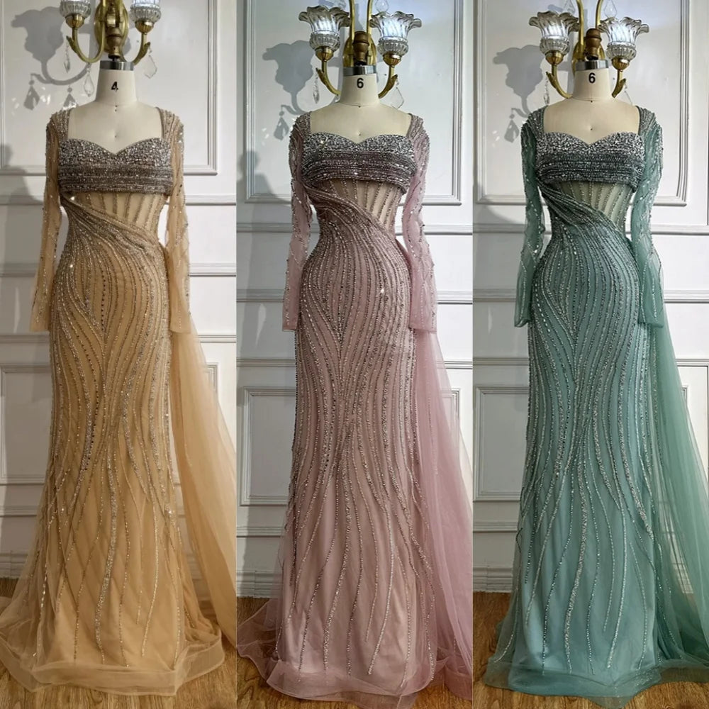 Serene Hill Nude Long Sleeve Beaded Evening Gown For Formal Party 2025