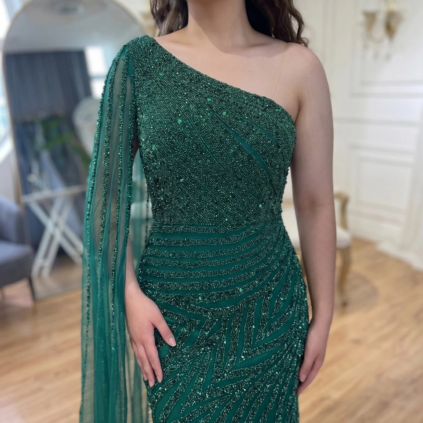 Serene Hill Custom Gold Beaded Mermaid One Shoulder Cape Sleeve Evening Dress