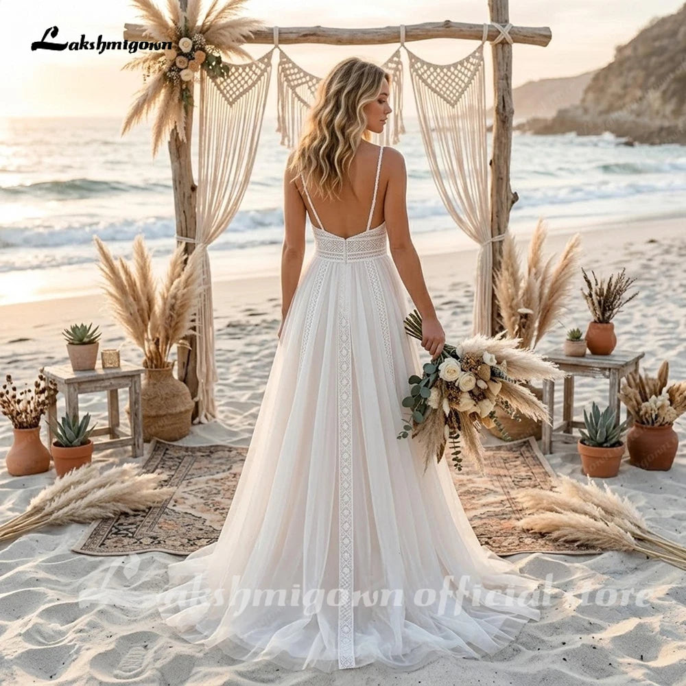 Custom Lace V Neck Boho Spaghetti Strap Beach Wedding Gown
