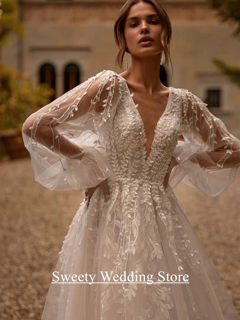 Custom Princess Wedding Dress With Illusion Back And Puff Sleeves