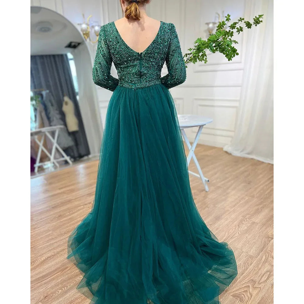 Custom Blue Grey V Neck Mermaid Beaded Evening Dress For Women