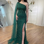 Serene Hill Custom Gold Beaded Mermaid One Shoulder Cape Sleeve Evening Dress