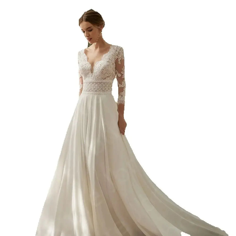 Summer Boho Lace Beach Wedding Dress V Neck Three Quarter Sleeves