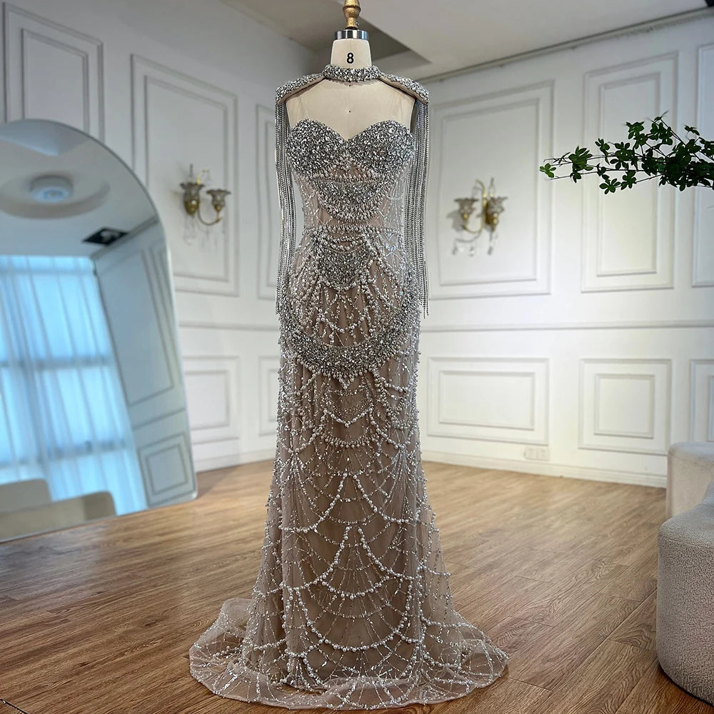 Nude Strapless Mermaid Beaded Pearl Evening Party Dress With Tassel