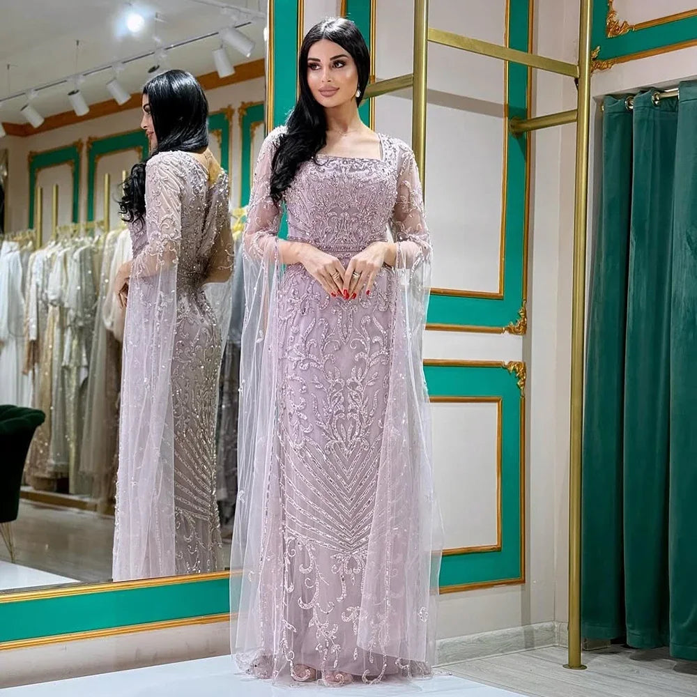 Pink Mermaid Evening Dress With Beaded Cape For Wedding