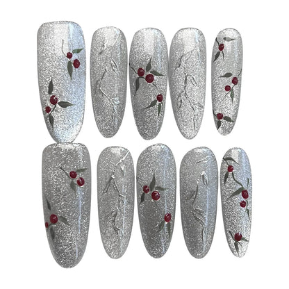 10 uñas postizas plateadas hechas a mano, largas, almendradas, con destellos, estilo ojo de gato, uñas postizas pintadas a mano con diseños de cerezas para mujer. 