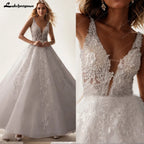 Custom Ivory Lace V Neck Sleeveless A Line Bridal Wedding Dress Boho Style