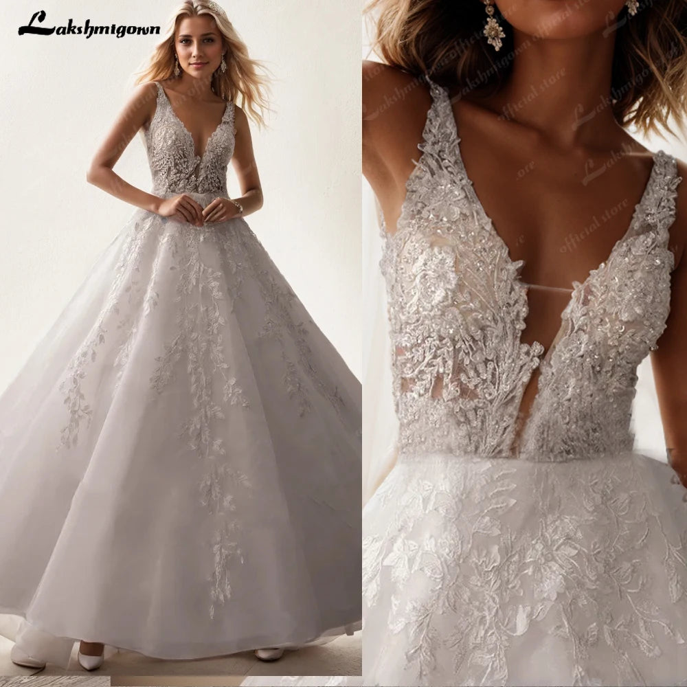 Custom Ivory Lace V Neck Sleeveless A Line Bridal Wedding Dress Boho Style