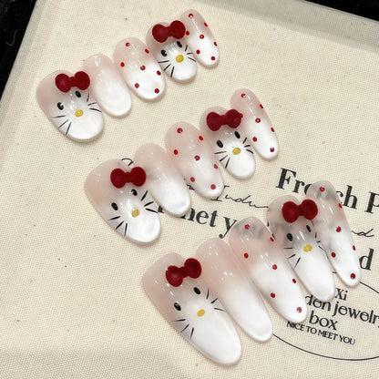 10 uñas postizas de ojo de gato pintadas a mano, diseño de gato kawaii con lazos 3D, decoración de uñas postizas, almendra brillante, sencillas y encantadoras. 