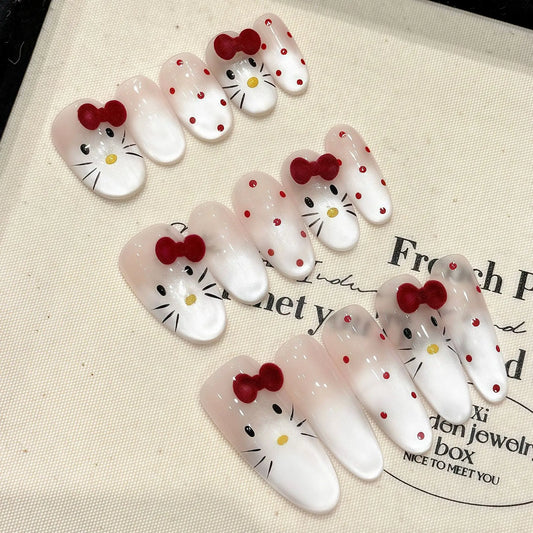 10 uñas postizas de ojo de gato pintadas a mano, diseño de gato kawaii con lazos 3D, decoración de uñas postizas, almendra brillante, sencillas y encantadoras. 