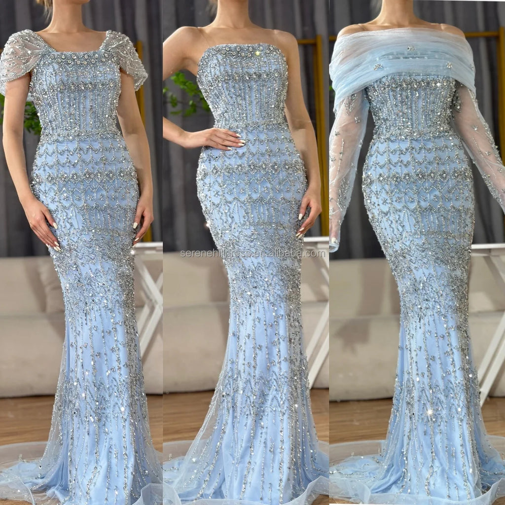 Women Blue Mermaid Beaded Evening Dress Detachable Sleeves Custom Fit