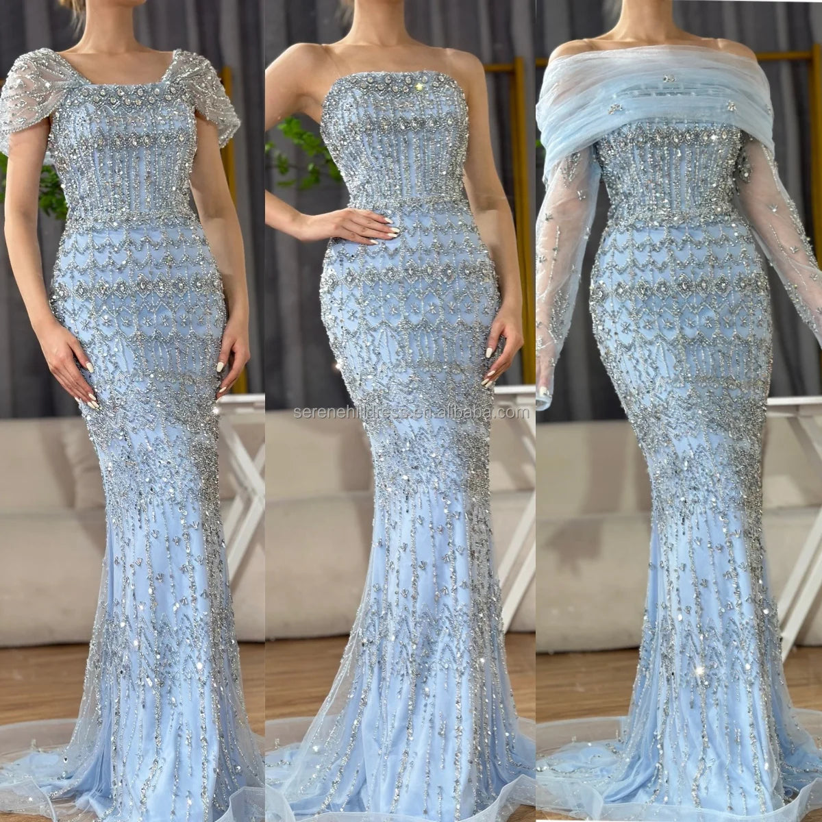 Women Blue Mermaid Beaded Evening Dress Detachable Sleeves Custom Fit