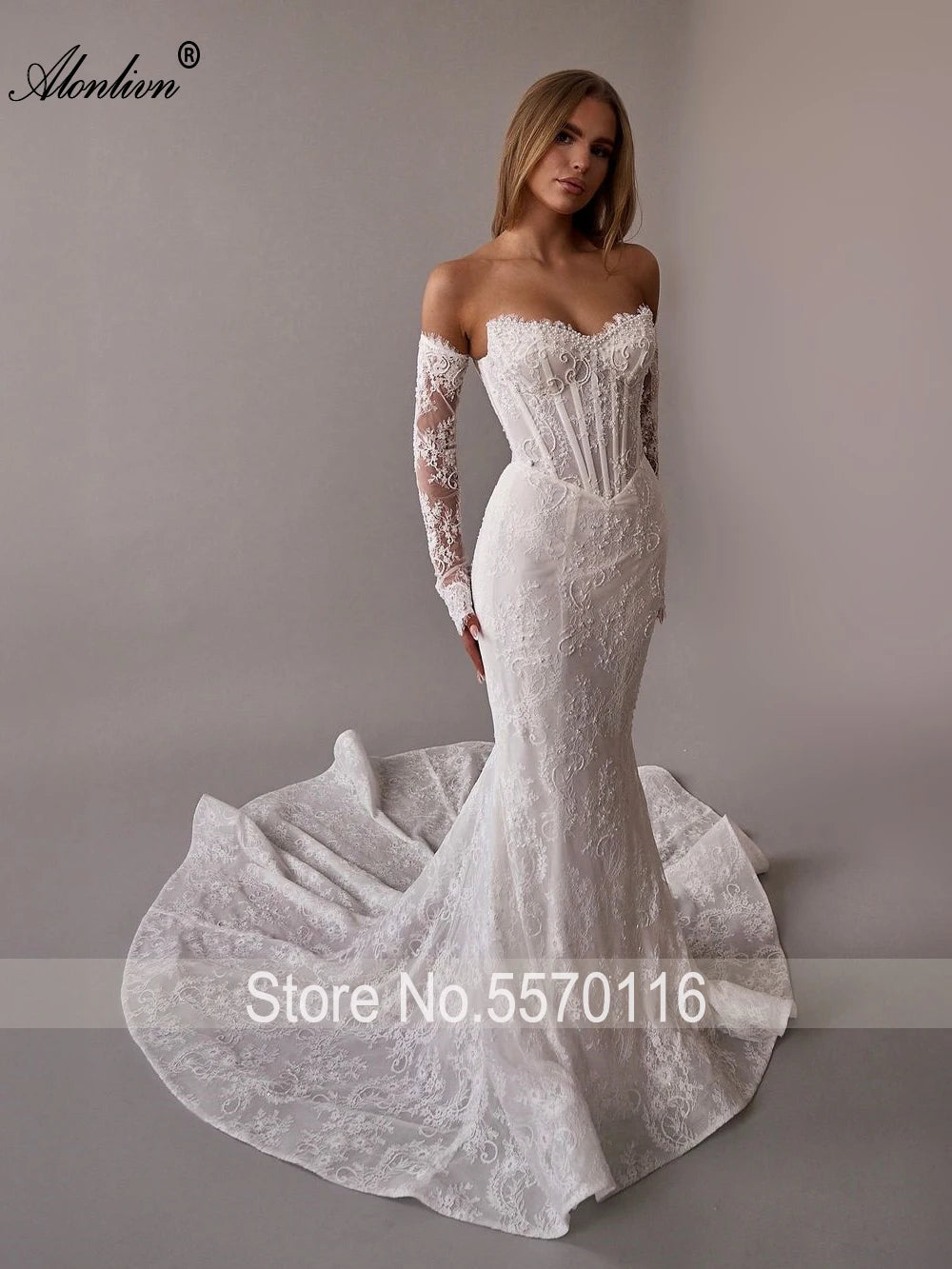 Alonlivn Custom Beaded Lace Mermaid Wedding Gown With Removable Train