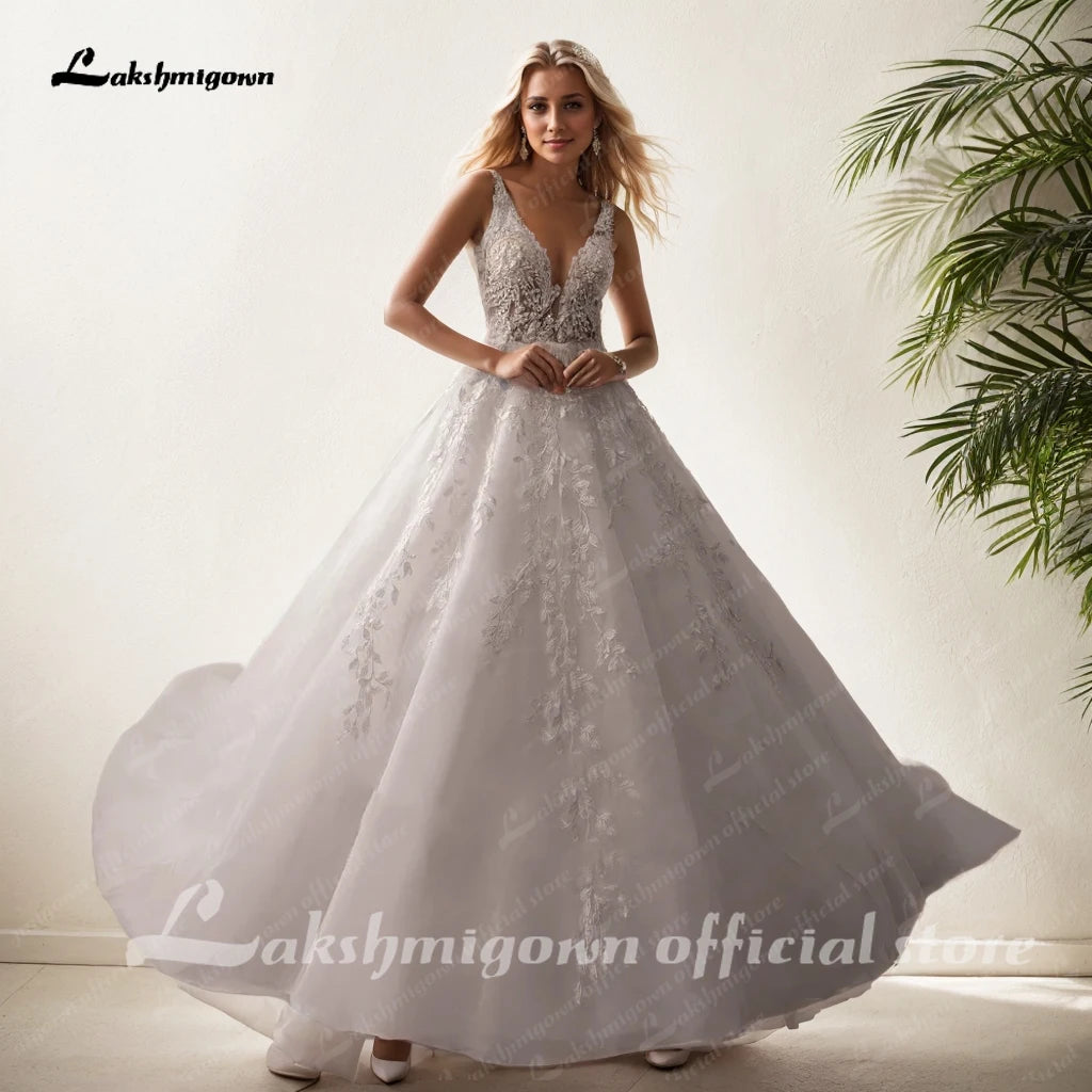 Custom Ivory Lace V Neck Sleeveless A Line Bridal Wedding Dress Boho Style
