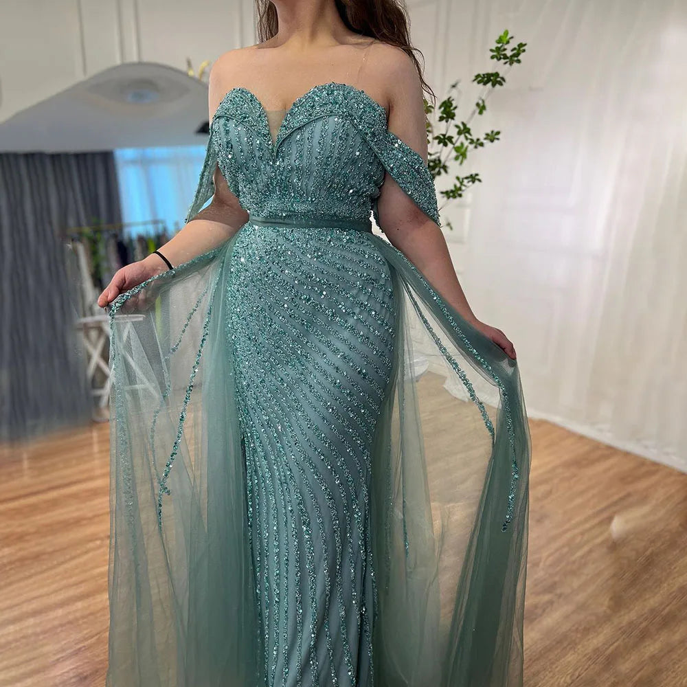 Custom Turquoise Off Shoulder Beaded Mermaid Overskirt Evening Gown For Women