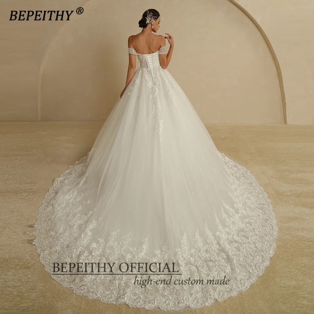 Bepeithy Customized Ivory Glitter Wedding Dress Sleeveless Bridal Ball Gown