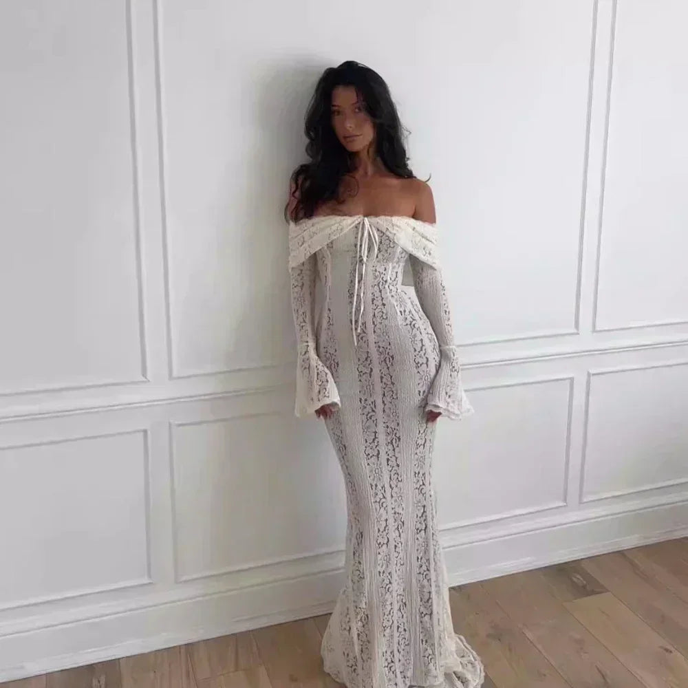 Suninheart Weiße Abendkleider für Veranstaltungen Rote Langarm-Spitzen Elegante Festkleider 2025 Damen Luxuriöses Hochzeitsballkleid Kleid