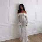 Suninheart Weiße Abendkleider für Veranstaltungen Rote Langarm-Spitzen Elegante Festkleider 2025 Damen Luxuriöses Hochzeitsballkleid Kleid