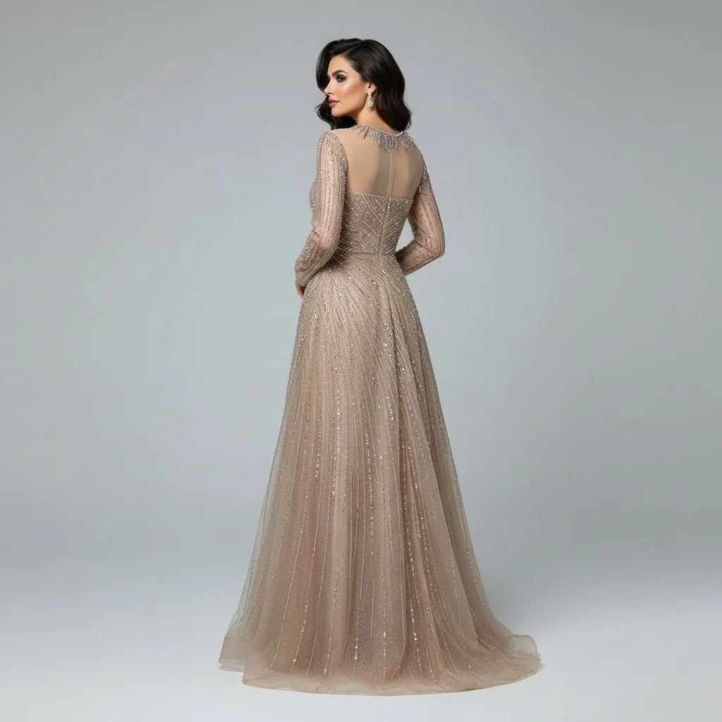 Custom Caramel Evening Prom Dress Long Sleeves A Line Muslim Gown