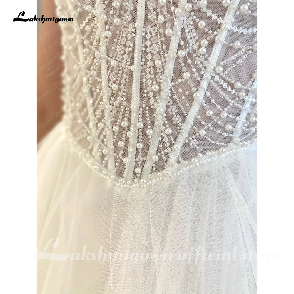 Custom A Line Tulle Wedding Dress With Pearl Beads Spaghetti Strap Scoop Neck