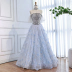 Serene Hill Blue Off Shoulder Evening Dress With Beaded Floral Appliques