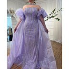 Custom Blue Mermaid Evening Gown Featuring Beaded Puff Sleeves